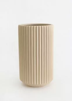 Afloral Ceramic Wide Ridged Beige Vase - 10"