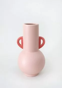 Afloral Pink Floral Vase With Coral Handles - 10.75"